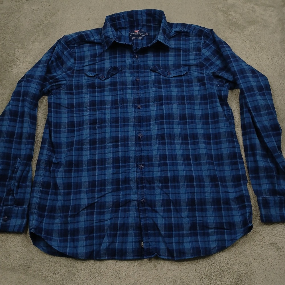 Vineyard Vines Shirt Mens Large Blue Plaid Classic Fit Flannel Button Up